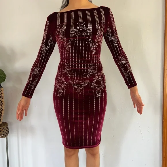 Fashion Nova | Dresses | Fashion Nova Burgundy Velvet Gold Studded Bodycon  Dress | Poshmark